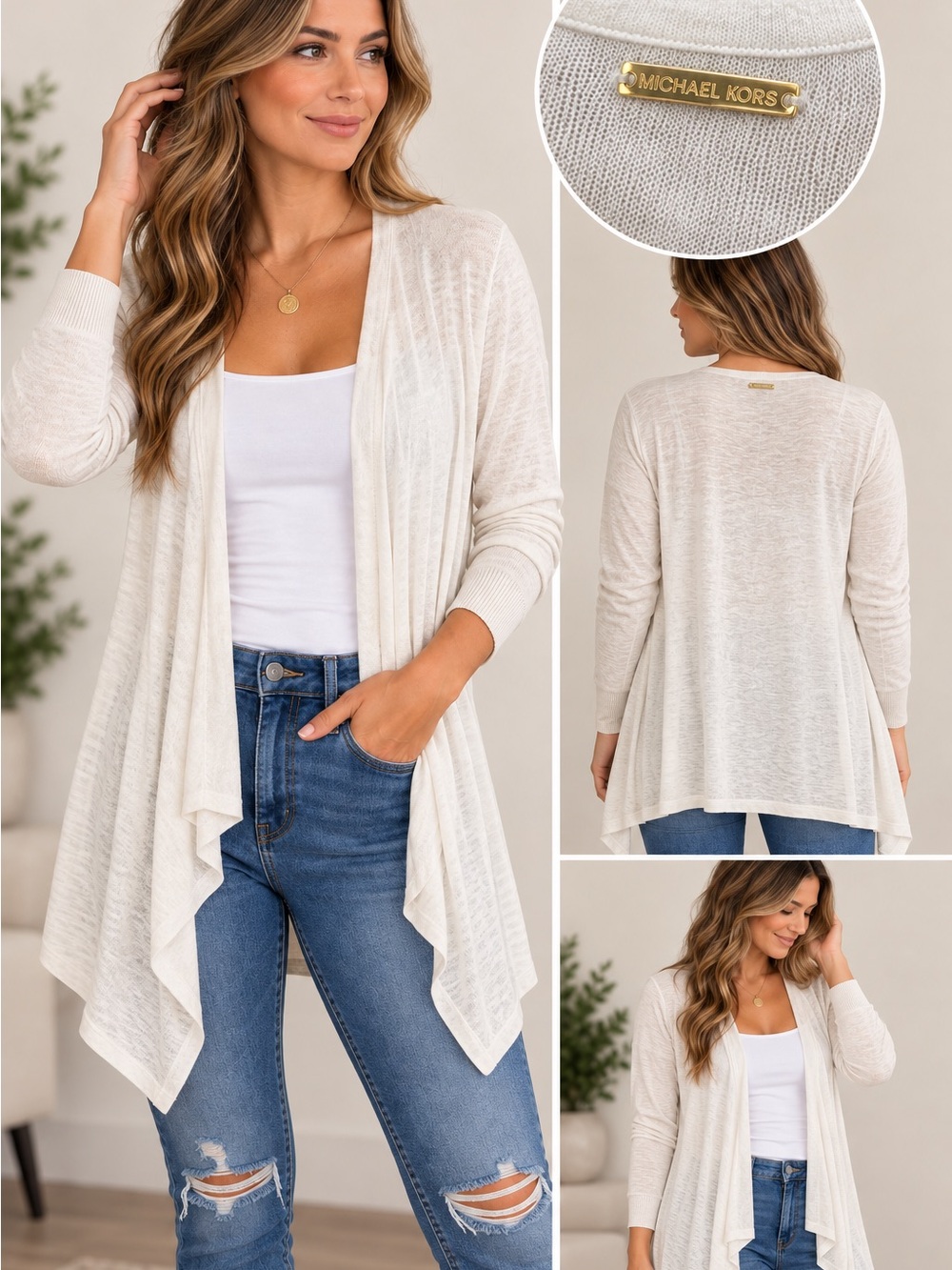 Michael Kors Ivory Cream Open Front Waterfall Knit Cardigan Size S